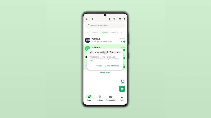 PINNED CHAT - Tampilan fitur pinned chat pada WhatsApp Plus. Fitur ini memungkinkan pengguna menyematkan hingga 20 chat sekaligus. (WABetaInfo)