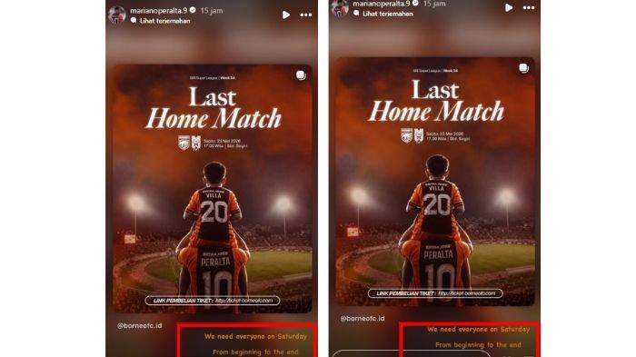 SUPER LEAGUE - Tangkapan layar story Instagram Mariano Peralta, tulis pesan khusus ajak suporter datang ke Stadion Segiri saat Borneo FC vs Malut United.