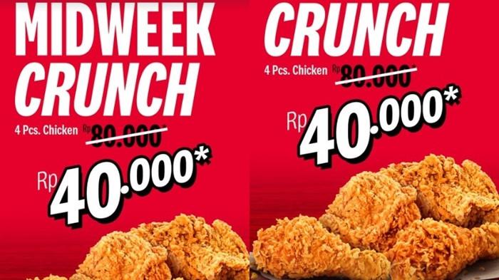 PROMO KFC- Promo KFC Midweek Crunch. Dapatkan 4 potong ayam dengan harga Rp 40.000. (Instagram@kfcindonesia)