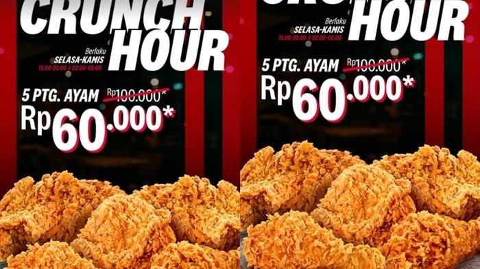 PROMO KFC- Promo KFC Crunch Hour. Dapatkan 5 potong ayam dengan harga Rp 60.000. (Instagram@kfcindonesia)