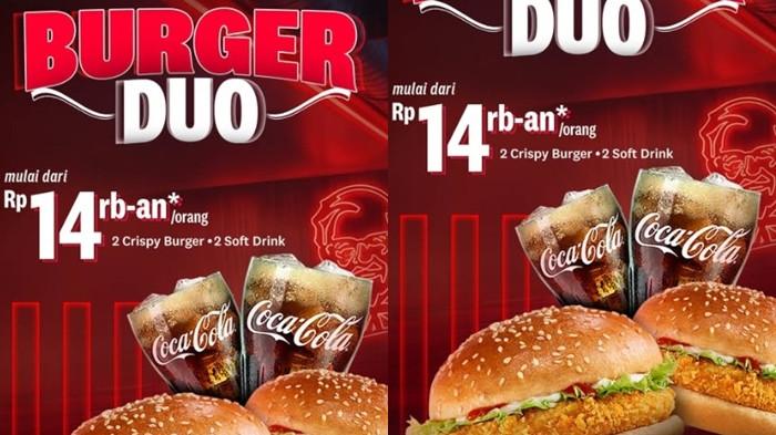 PROMO KFC- Promo KFC Burger Dua. dapatkan 2 burger dan 2 minuman dengan harga Rp 14.000 per orang. (Instagram@kfcindonesia)