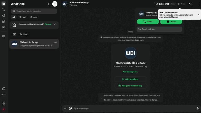 WHATSAPP WEB - Tampilan uji coba fitur panggilan suara dan video grup di WhatsApp Web. Fitur ini memungkinkan pengguna melakukan panggilan grup hingga 32 peserta langsung melalui browser.