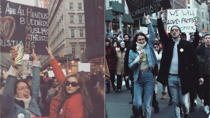 Aksi Tolak Kebijakan Anti-Imigran Trump, Bella dan Gigi Hadid Turun ke Jalanan Kota New York