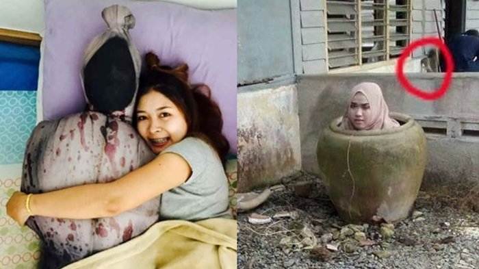 Tren Selfie Kekinian Cewek Milenial Ini Bikin Geleng Kepala, dari Peluk Pocong hingga Masuk Kendi