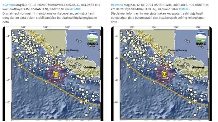 Baru Saja Gempa Lagi di Sumur Banten Magnitudo 5.0, Pusat Gempa di Kedalaman 10 Kilometer