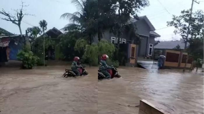 Viral! Momen Pengendara Motor Terobos Deras Arus Banjir di Jalan Sukorejo Lempake Samarinda