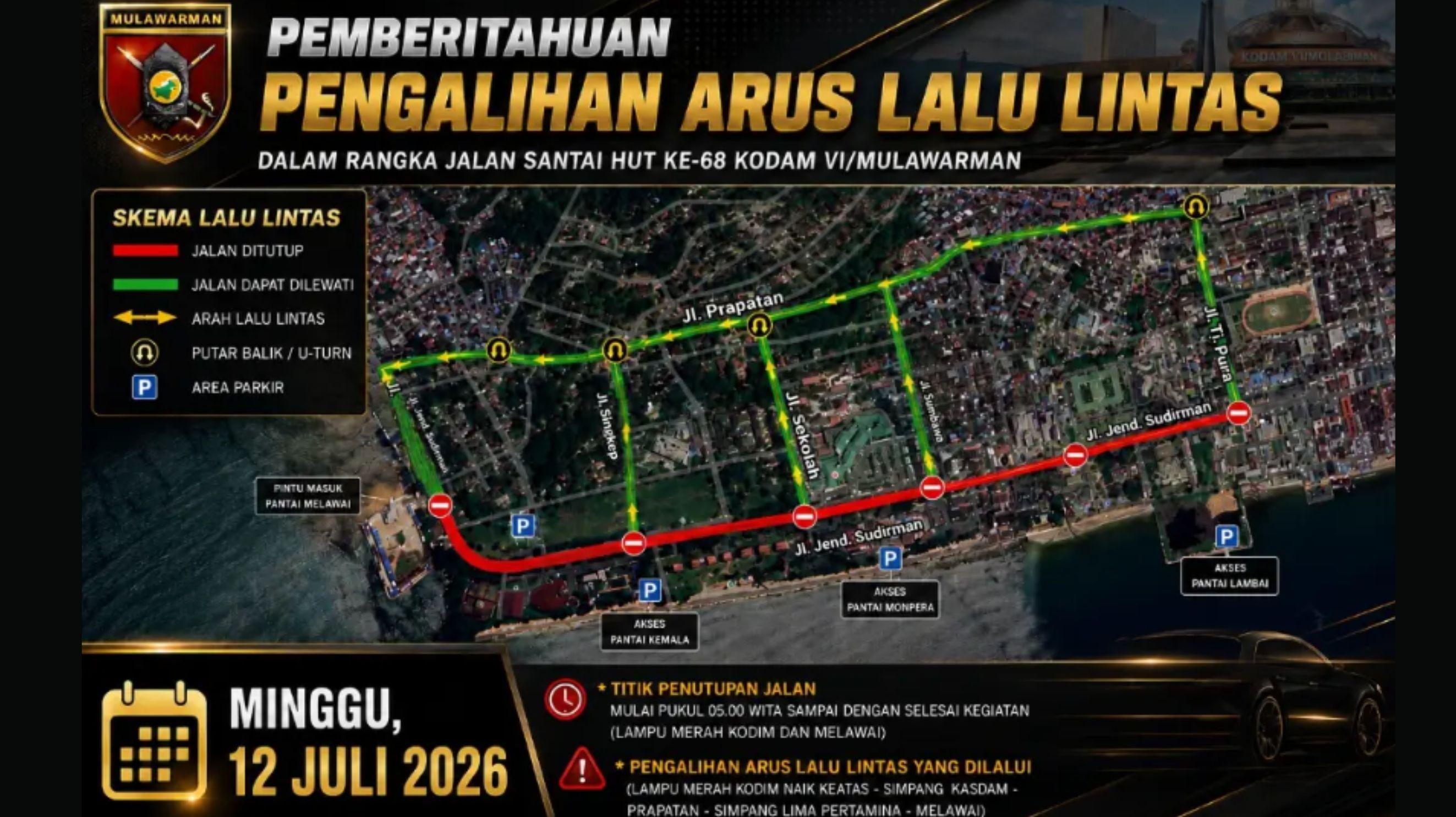 Rekayasa Lalu Lintas Balikpapan Minggu 12 Juli 2026 saat Jalan Sehat HUT ke-68 Kodam VI/Mulawarman - Tribunkaltim.co