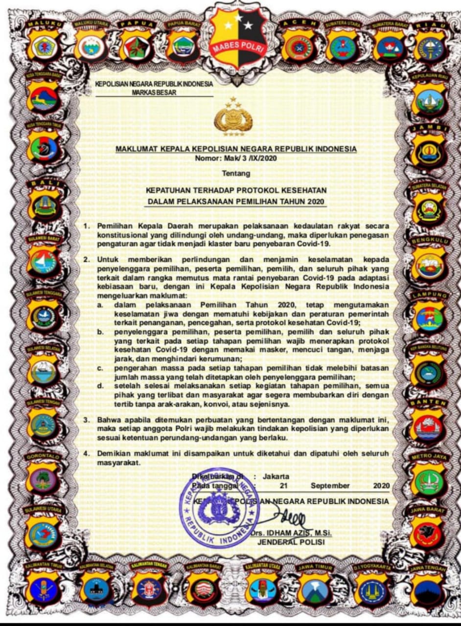 Kapolri Terbitkan Maklumat Kepatuhan Protokol Kesehatan Pilkada 2020, Begini Langkah Polda Kaltim