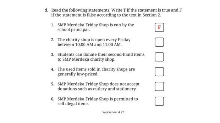 Bahasa Inggris Kelas 9 Halaman 249 Worksheet 4.22 True or False