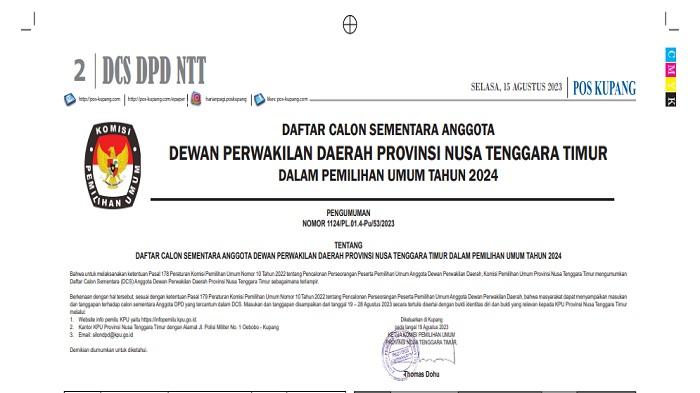 Pengumuman DCS Anggota DPD Provinsi Nusa Tenggara Timur Pemilu 2024
