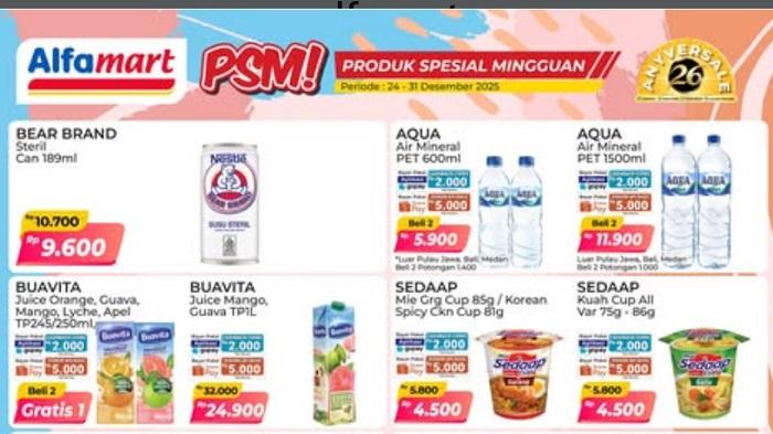 PROMO ALFAMART 25 Desember 2025 PSM Ada BearBrand Rp9.600, Aqua, Buavita, Sedaap Mie Cup