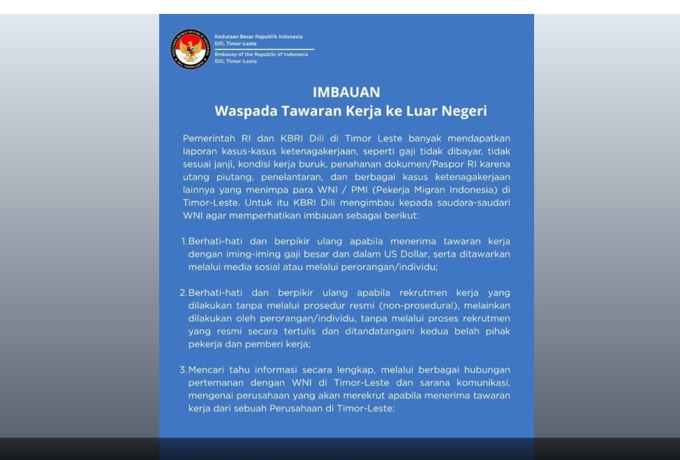 KBRI Dili Banyak Terima Laporan Kasus Ketenagakerjaan WNI di Timor Leste