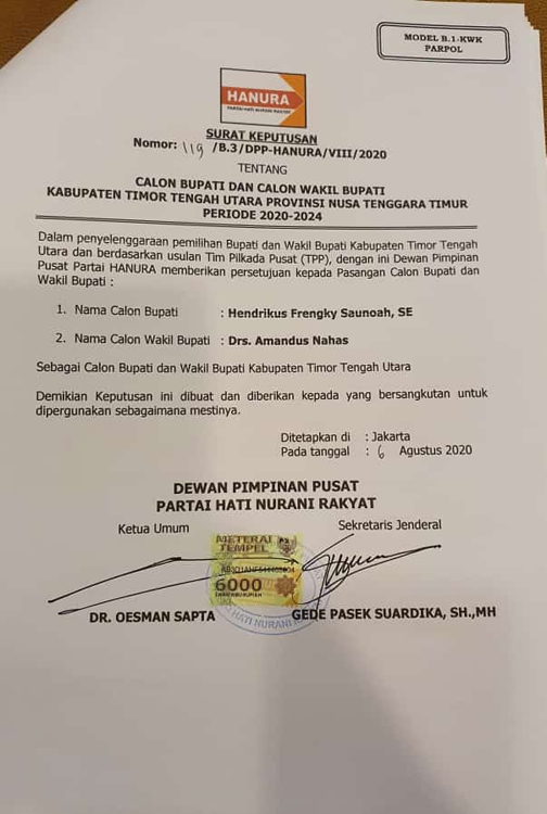 DPP Partai Hanura Usung Paket Fresh Maju Dalam Pilkada TTU