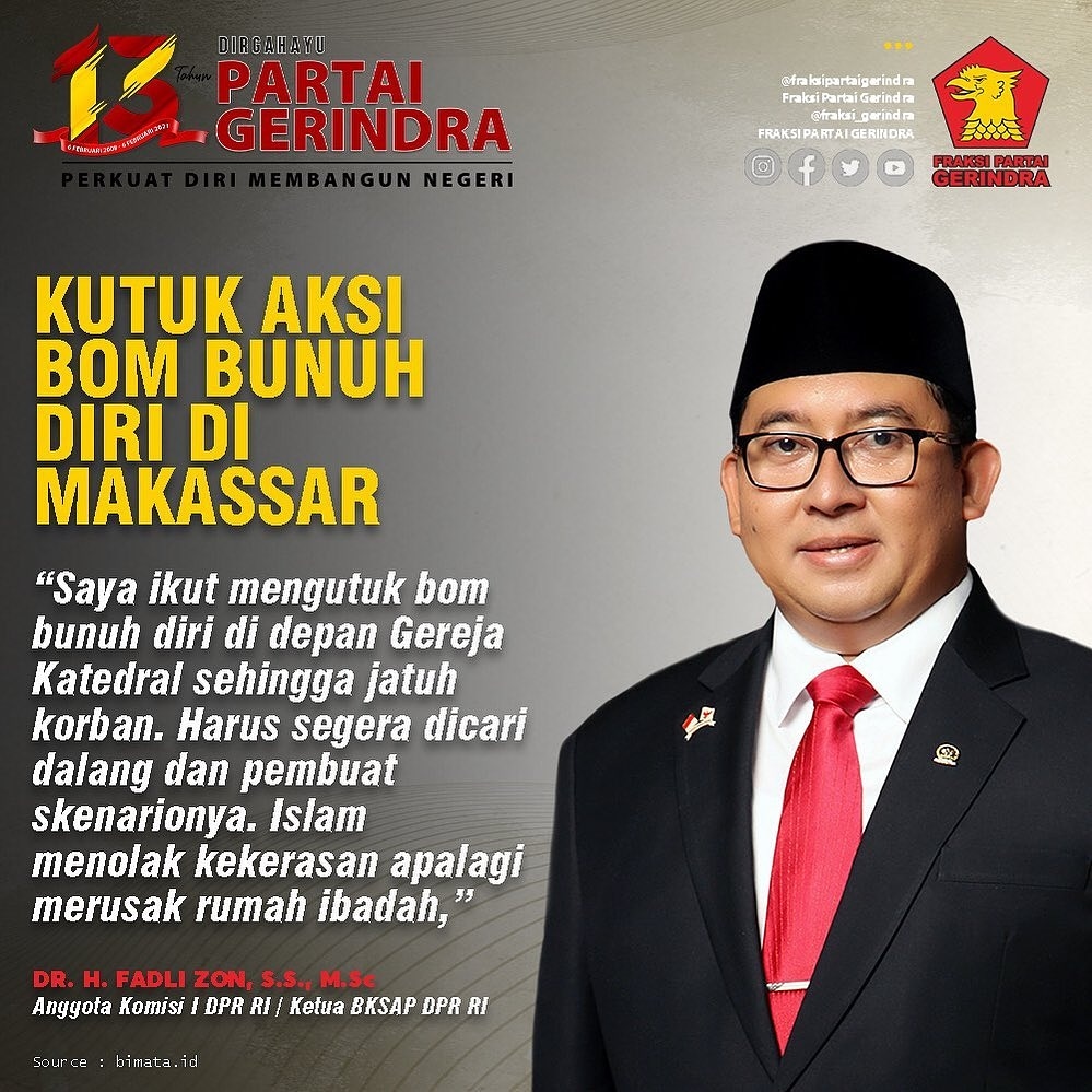 Fadli Zon Kutuk Bom Bunuh Diri di Makassar, Nitizen Malah Ajak Keluar dari Partai Gerindra, Kenapa?