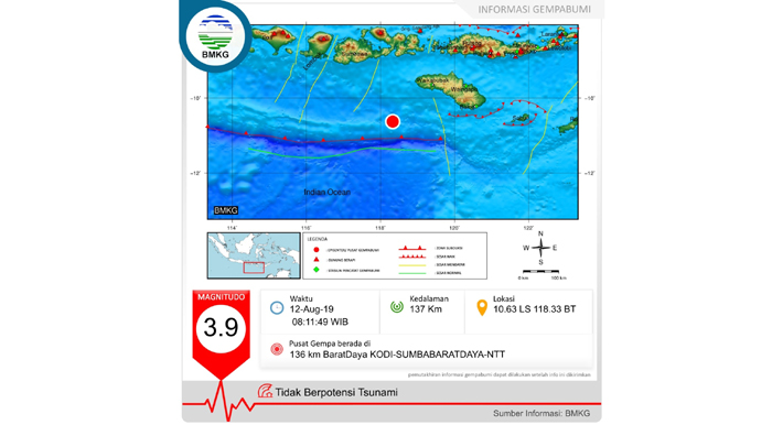 BREAKING NEWS Gempa Bumi 3.9 SR Terjadi di Kodi Sumba Barat Daya