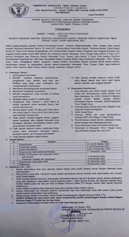 Pemda TTU Buka Seleksi Dirut dan Dewan Pengawas Perusahaan Daerah Cendana Bhakti