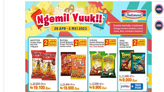 Promo Indomaret HIngga 2 Mei 2023 Cemilan Beli 2 Lebih Hemat:Happytos,Boncabe,Kusuka, 2Kobe Gratis1