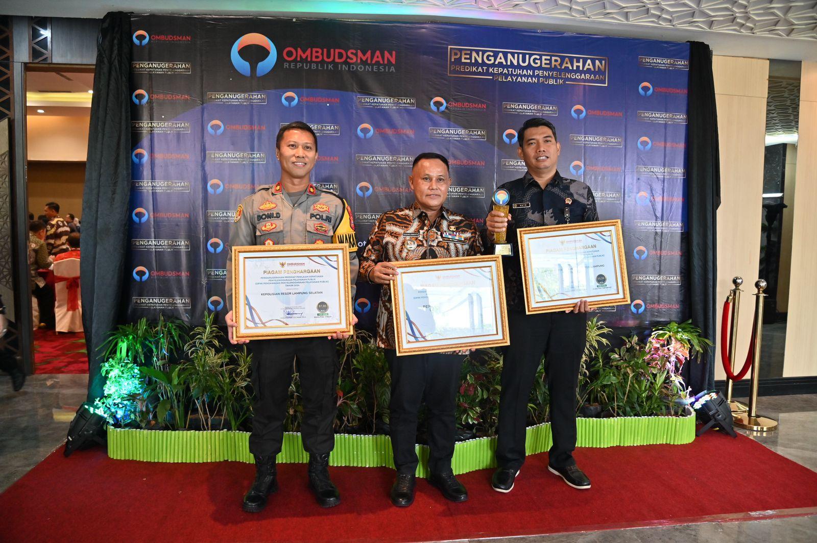 Polres Lampung Selatan Polda Lampung Raih Penghargaan dari Ombudsman RI
