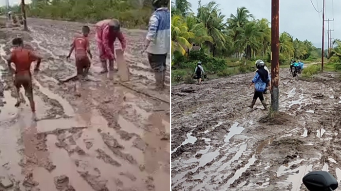 Viral Sejumlah Siswa SD Bantu Sang Guru Lewati Jalan Berlumpur