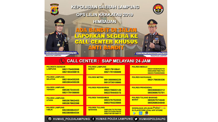 Nomor Call Center Polisi di Seluruh Wilayah Lampung, Cepat Hubungi jika Lihat Kejahatan