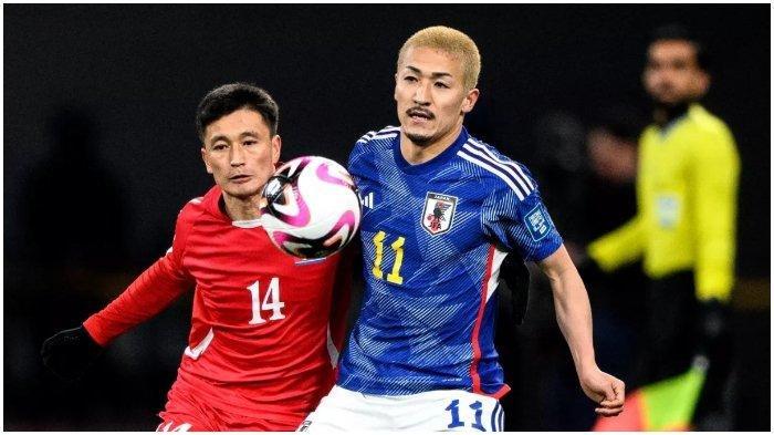 Potret pertandingan Kualifikasi Piala Dunia 2026 grup B antara Jepang vs Korea Utara di National Stadium, Kamis (21/3/2024).