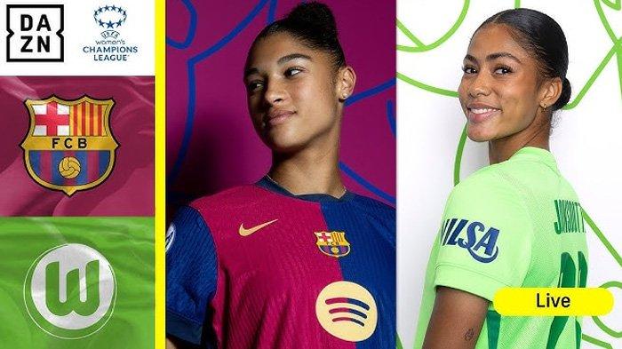 BARCELONA MENANG TIPIS - Poster pertandingan Wolfsburg vs Barcelona UEFA Women Champions League 2025 di YouTube DAZN, diunggah Rabu 19 Maret 2025.
