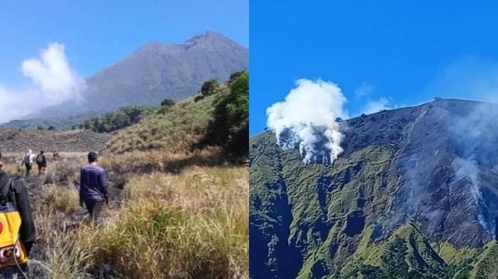 KEBAKARAN LAHAN - Penampakan kebakaran Bukit Sempana (kiri) dan Savana Propok di kawasn Gunung Rinjani, Lombok Timur.