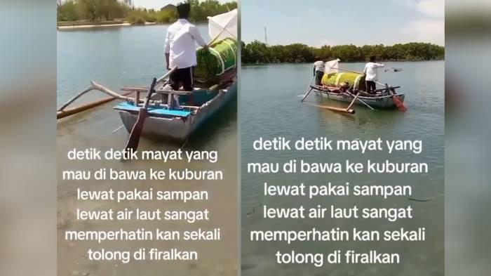 KERANDA MAYAT - Tangkap layar video warga Desa Seriwe, Kecamatan Jerowaru, Kabupaten Lombok Timur membawa keranda jenazah menggunakan sampan melewati muara sungai menuju pemakaman umum, Senin (3/11/2025).