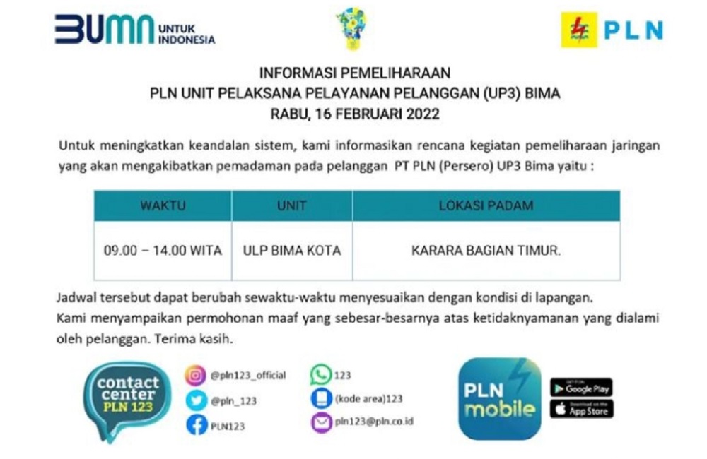 Berikut Jadwal Pemadaman Listrik 16 Februari 2022 di NTB, Meliputi Wilayah Kota Bima dan Sekitarnya