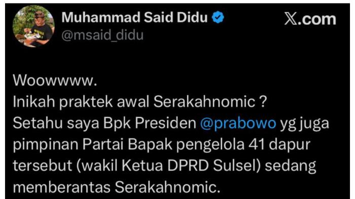 Apa Itu Serakahnomic? Sindiran Said Didu ke Yasir Mahmud Jadi Penguasa MBG, Dasco Janji Tertibkan
