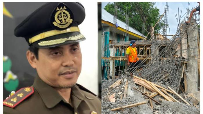 DUGAAN KORUPSI- Kepala Kejaksaan Negeri Takalar, Muhammad Ahsan Thamrin dan bangunan proyek pembangunan gedung Madrasah Ibtidaiyah Negeri atau MIN 2 Takalar yang ambruk pada Selasa (4/11/2025). Kejari Takalar telusuri dugaan korupsi ambruknya proyek pembangunan gedung MIN 2 Takalar.