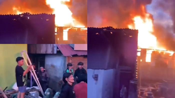 TAWURAN WARGA - Kolase tangkapan layar video rumah terbakar akibat tawuran di kawasan Pekuburan Beroangin, Jl Pannampu, Kecamatan Tallo, Makassar, Selasa (18/11/2025). Data terakhir yang diperoleh tujuh rumah terbakar imbas tawuran warga.