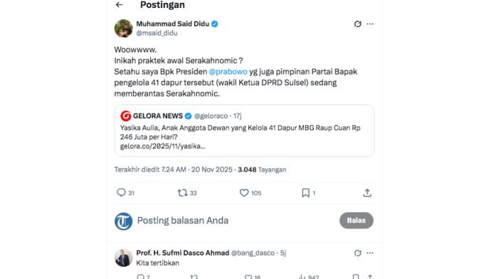 TANGGAPAN DASCO - Kicauan Ketua Harian Partai Gerindra, Sufmi Dasco Ahmad terkait dengan anak Wakil Ketua DPRD Sulsel Yasir Mahmud, Yasika Aulia Ramadhani menguasai 41 dapur MBG di Sulsel. Dasco mengatakan, akan menertibkannya karena terkait dengan partai.