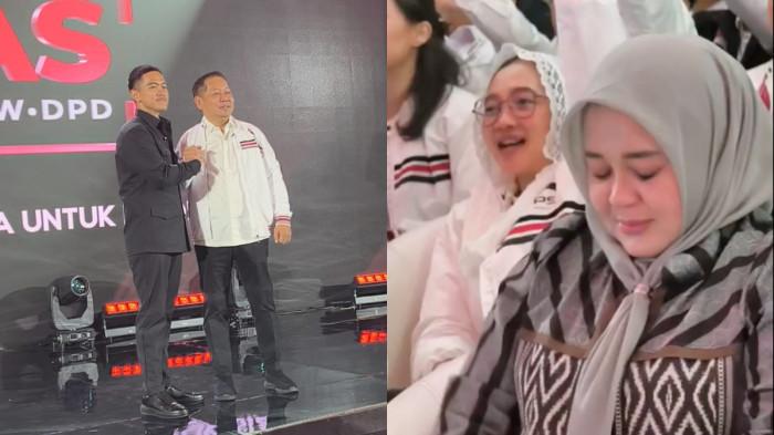 RAKERNAS PSI - Kaesang Pangarep memperkenalkan Rusdi Masse sebagai kader PSI (kiri) dan Wakil Gubernur Sulsel Fatmawati Rusdi (kanan) menunduk di arena Rakernas PSI di Sandeq Ballroom, Hotel Claro, Makassar, Kamis (29/1/2026).