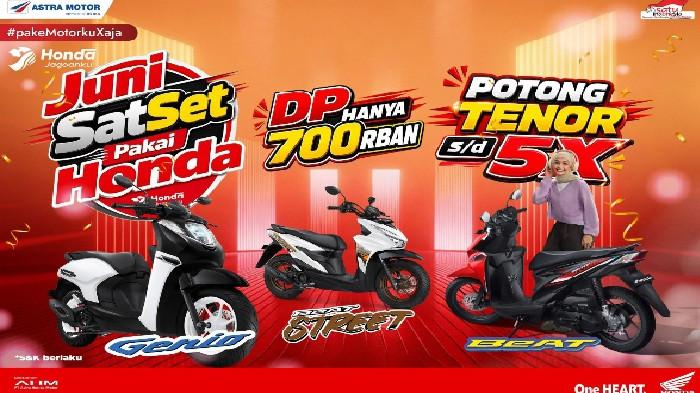 PROMO HONDA - Poster promo Juni Satset Pakai Honda. Astra Motor Sulawesi Selatan (Asmo Sulsel) memberikan kemudahan berupa DP ringan dan gratis angsuran hingga lima kali untuk pembelian motor Honda hingga akhir Juni 2026.