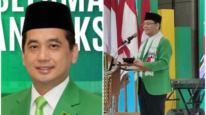 KETUM PPP - Agus Suparmanto (kiri) dan Mardiono (kanan) di Muktamar X PPP di Mercure Ancol, Jakarta, Minggu (28/9/2025). Agus Suparmanto Menteri Perdagangan era Jokowi sekaligus kader PKB dan Mardiono saling klaim aklamasi Ketum PPP.
