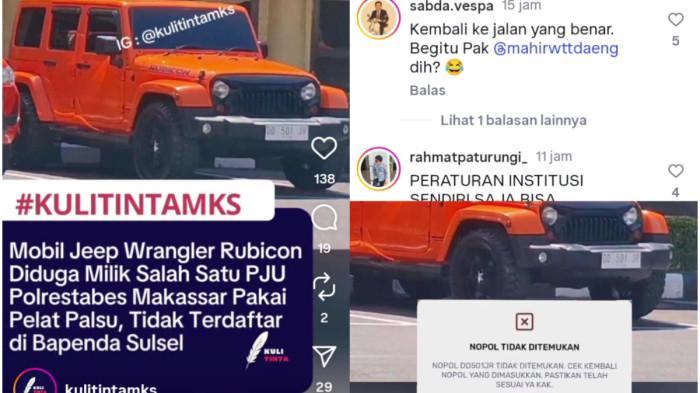 Tangkapan layar unggahan akun Instagram @kulitintamks terkait PJU Polrestabes Makassar jenis Jeep Wrangler Rubicon parkir di halaman Mapolrestabes Makassar. Mobil mewah tersebut mengenakan pelat gantung atau palsu.