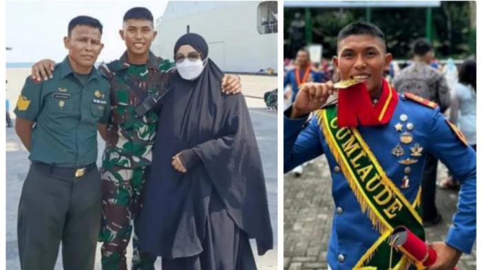 TNI GUGUR - Letnan Dua (Letda) Infanteri Fauzi Ahmad Sulkarnain (tengah) diapit kedua orangtuanya, prajurit muda yang baru dua tahun lulus dari Akademi Militer (Akmil), gugur dalam kontak tembak dengan kelompok Organisasi Papua Merdeka (OPM) atau Kelompok Kriminal Bersenjata (KKB) di Distrik Kiwirok, Kabupaten Pegunungan Bintang, Papua Pegunungan, Sabtu (11/10/2025). (Istimewa)