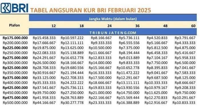 Tabel Angsuran KUR BRI 2025 Rp175-500 Juta (TribunJateng)3