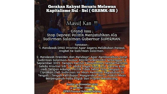 Waspada Macet Depan DPRD, Akan Ada Demo 'Stop Depresi Politik Menjatuhkan Ala Sudirman Sulaiman'