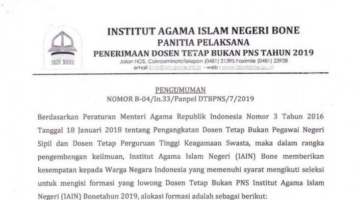 LOWONGAN KERJA-Institut Agama Islam Negeri Bone Buka Pendaftaran Dosen Tetap Non-PNS, Kuota 20 Orang