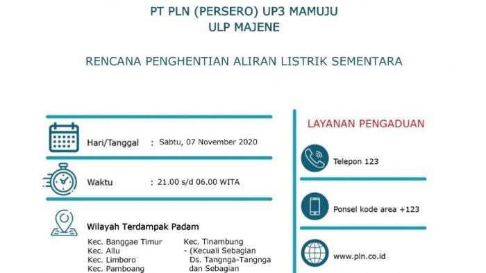 Siapkan Lilin dan Pelita, 7 November PLN Lakukan Pemadaman Listrik di Majene