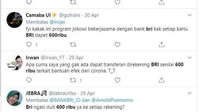 Tangkapan layar Twitter soal ramainya uang Rp 600 di BRI.