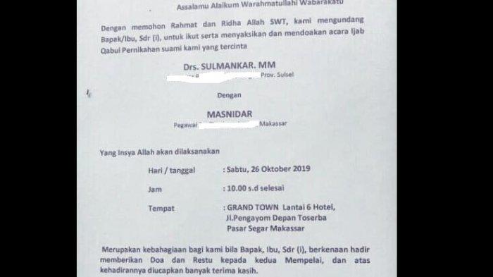 Undangan pernikahan Sulmankar PNS di Makassar menikah kedua kalinya. Undangan dibuat istri pertama