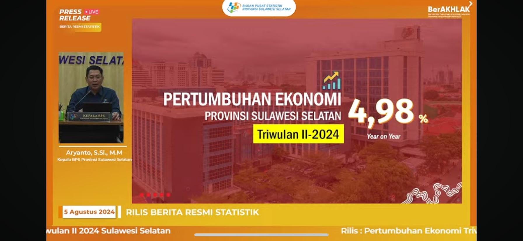 BPS: Ekonomi Sulsel Triwulan II Tahun 2024 Tumbuh 4,98 Persen YoY