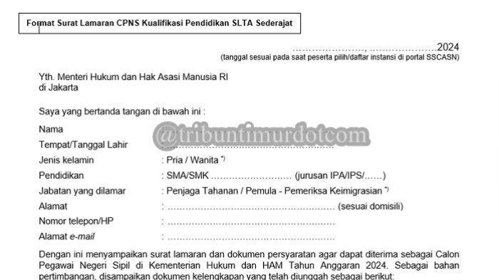 Link Download Surat Lamaran CPNS Kemenkumham 2024 Lulusan SMA Sederajat