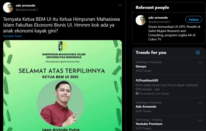 Ketua BEM UI Leon Alvinda Putra Ajari Ade Armando Kiritik Cara Ilmiah dan Berdasar Bukan Tuduhan