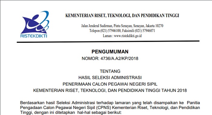 RESMI Hasil Seleksi Administrasi CPNS Kemenristekdikti 2018 cpns.ristekdikti.go.id, 42.171 Lulus