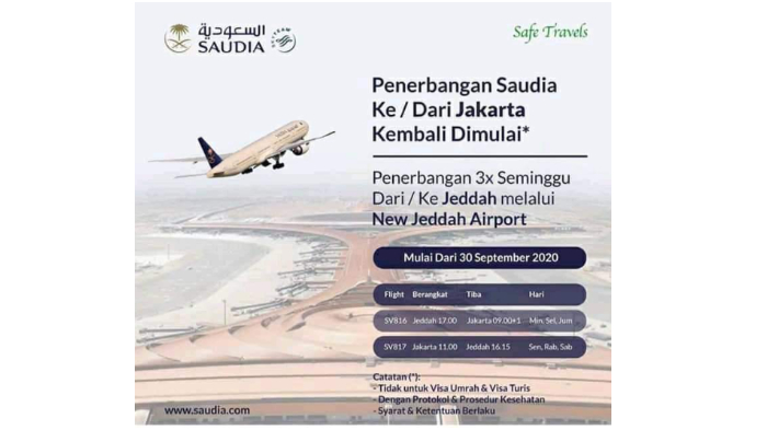 Saudia Airlines Buka Lagi Penerbangan Jakarta - Jeddah, Bukan untuk Umrah, Wajib Tes PCR Swab