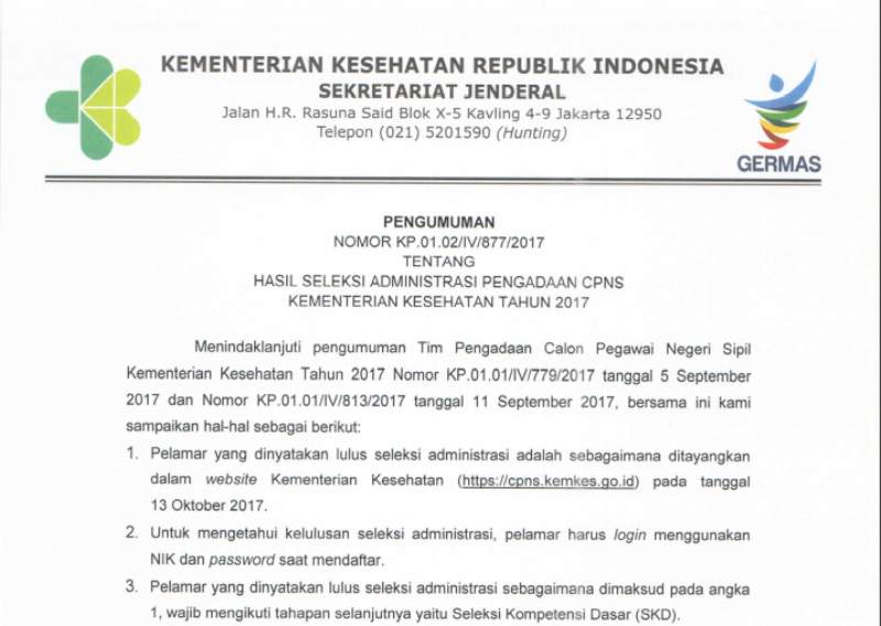 cpns.kemkes.go.id - Pengumuman Hasil Seleksi Administrasi CPNS Kemenkes 2017, Cek Jadwal SKD